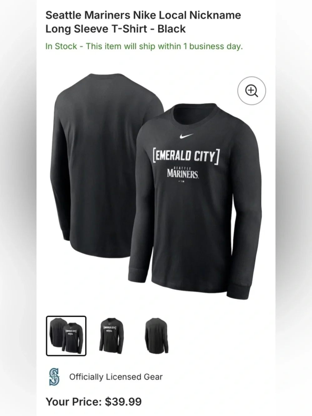 Nike Black Long-Sleeve 'Emerald City' Seattle Mariners Tee